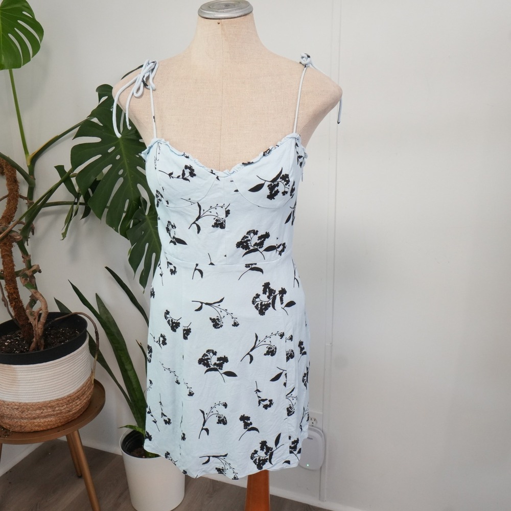 Wilfred Floral Mini Dress Womens 2 Blue Black Bustier Tie Strap‎ Smocked Summer